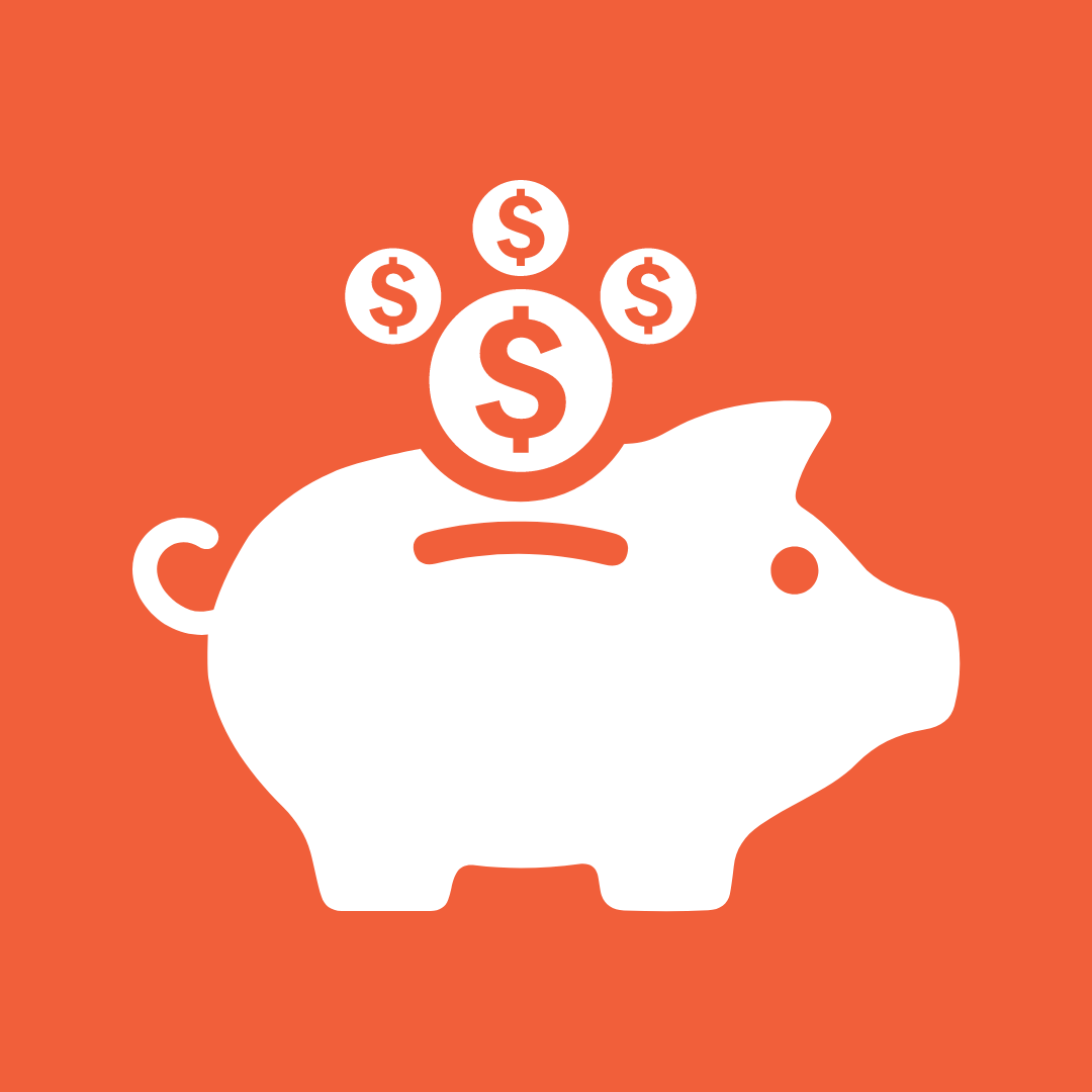A white piggy bank beanth three coins on an orange background